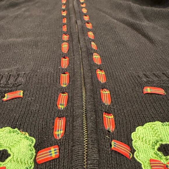 Vintage Christmas Wreath Zip Sweater Plaid Ribbon Applique Beaded Sz Lrg Black - Picture 7 of 12